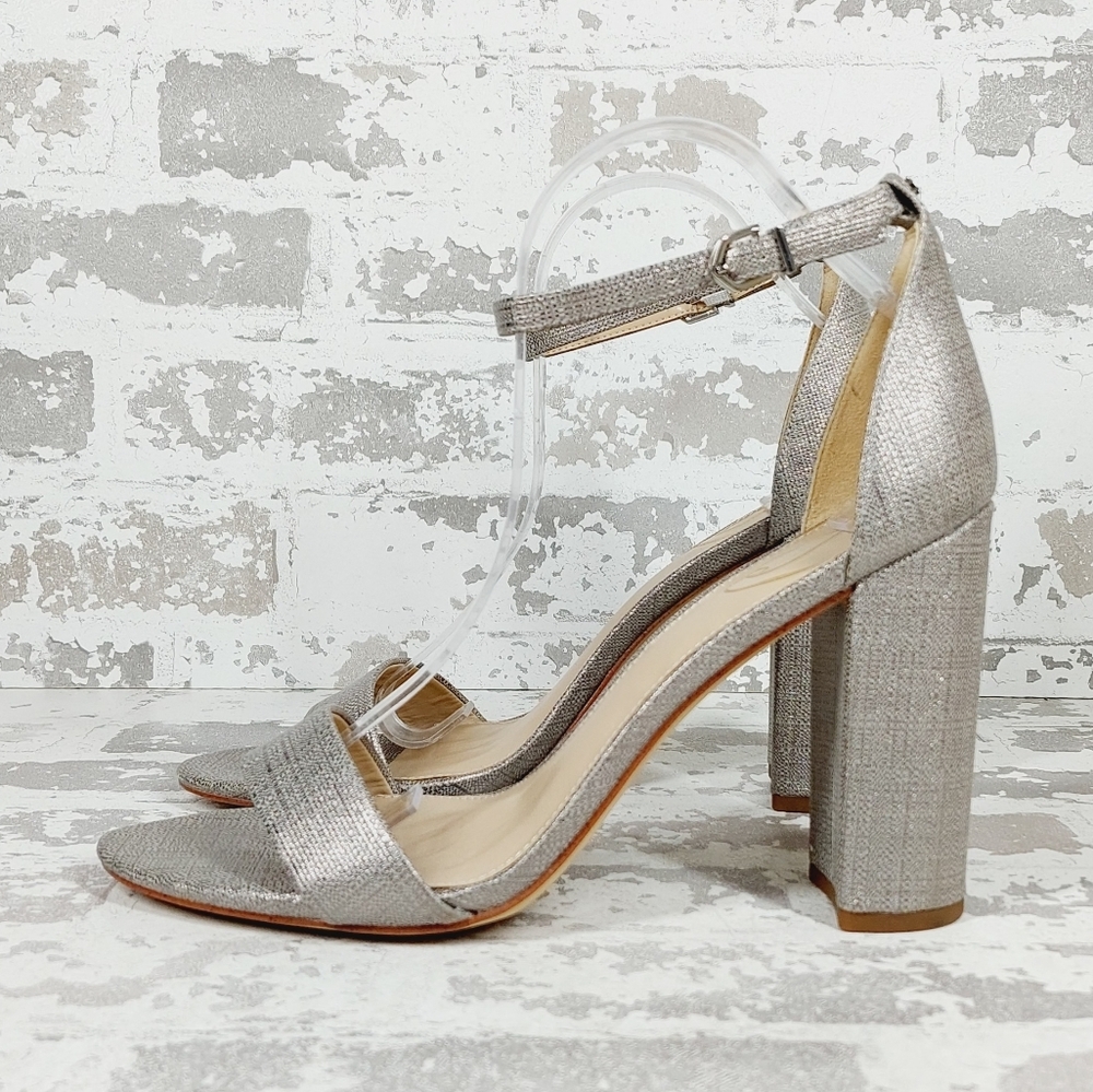 New Sam Edelman Yancy Silver Metallic Textured Open Toe Block Heel Sandals H538